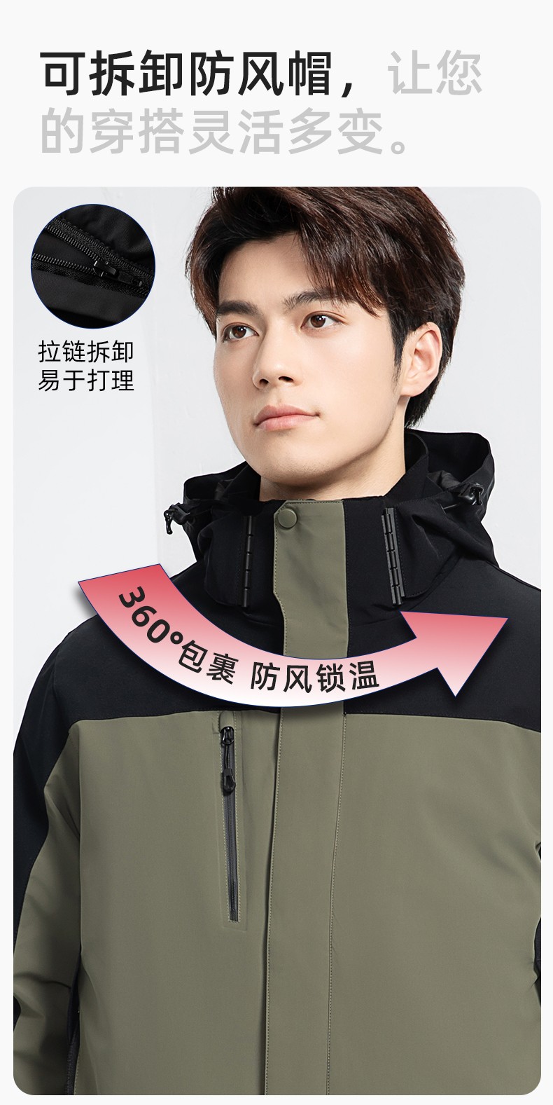 RH-60967 冬季三合一羽絨內膽沖鋒衣防風防雨保暖鎖溫登山騎行服定制(圖5)