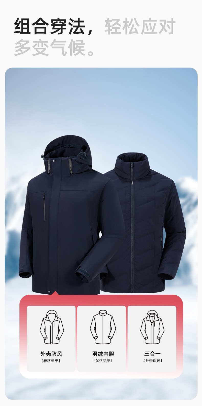 RH-60967 冬季三合一羽絨內膽沖鋒衣防風防雨保暖鎖溫登山騎行服定制(圖6)