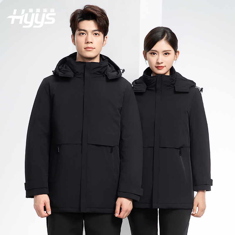 RH-6017 冬季羽絨沖鋒衣中長款工作服男純色加絨加厚保暖公司商務工裝定制