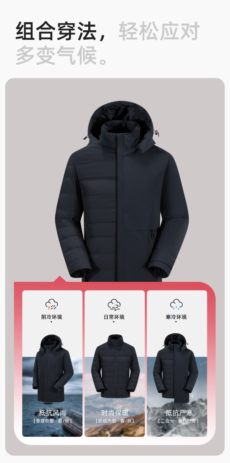 RH-6017 冬季羽絨沖鋒衣中長款工作服男純色加絨加厚保暖公司商務工裝定制(圖8)