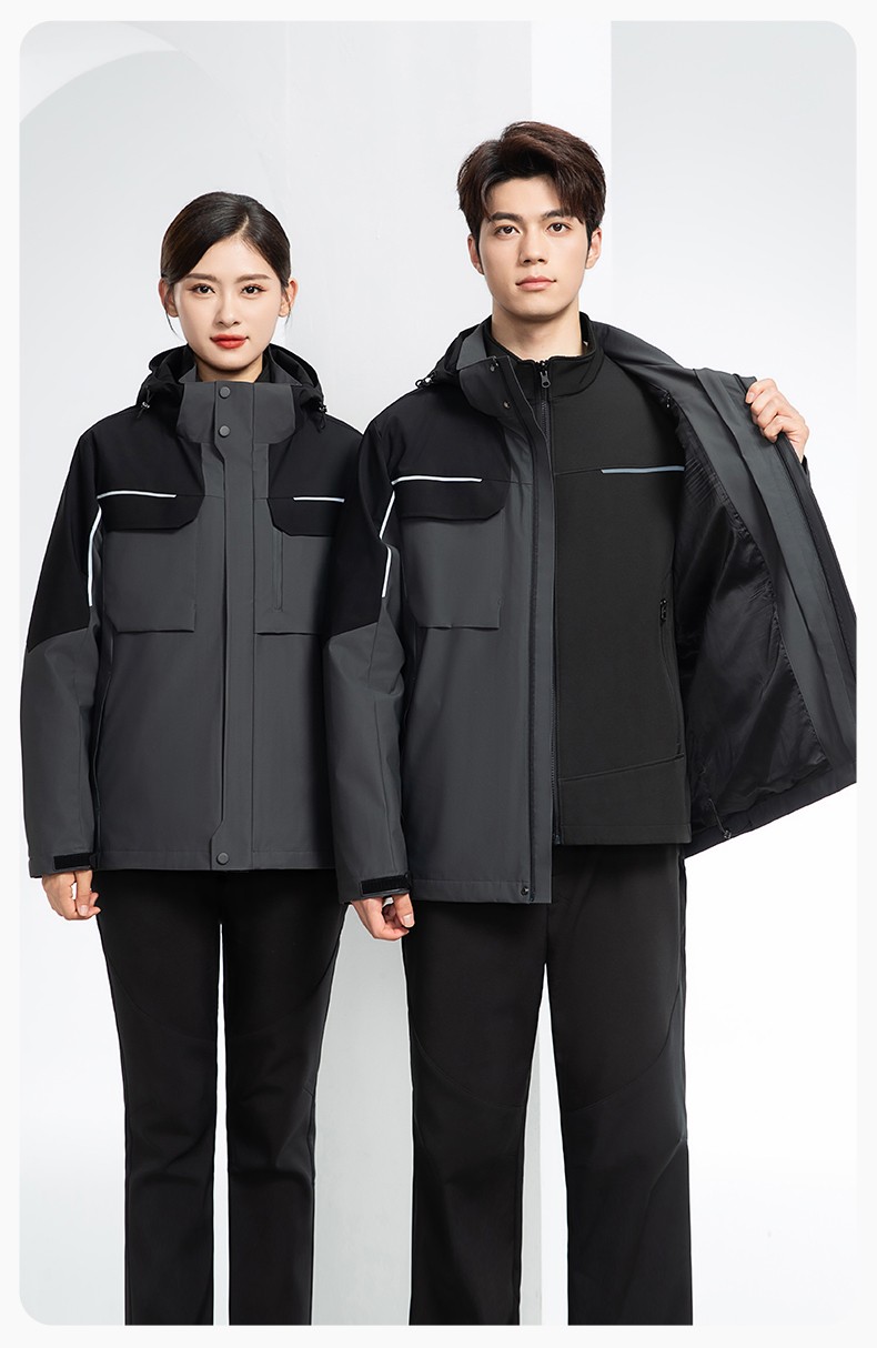 YJ-SK6016 冬季三合一沖鋒衣工作服連帽防風防水加絨加厚印logo工裝外套定制(圖17)