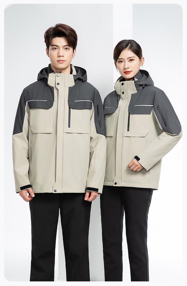 YJ-SK6016 冬季三合一沖鋒衣工作服連帽防風防水加絨加厚印logo工裝外套定制(圖23)