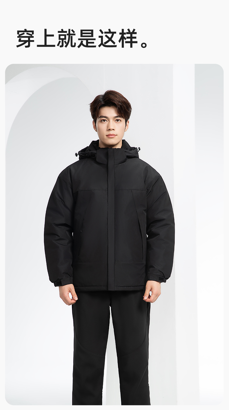 YJ-1915 冬季一體式?jīng)_鋒衣男女純色加絨防寒外套印LOGO公司團(tuán)體服外套定制(圖12)