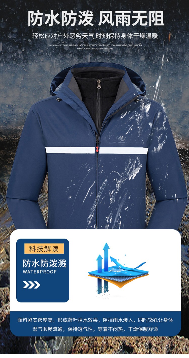 YJ-9805 沖鋒衣定制男女純色可拆卸三合一外套反光條保暖工裝戶外工作服(圖5)